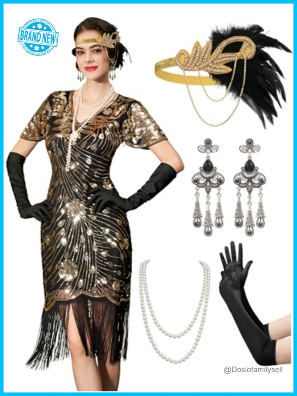 1920s Flapper Dress Set Fringe Sequin Mesh V-Neck Great Gatsby Costume